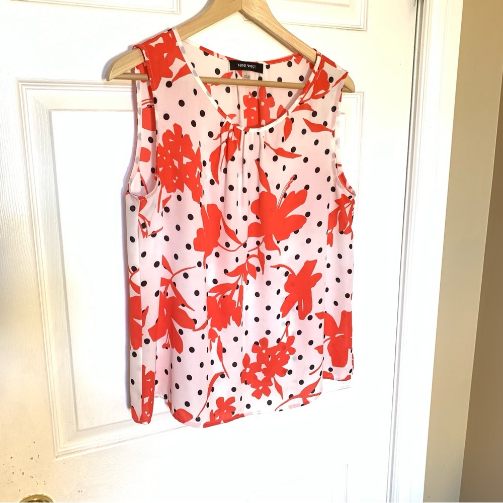 Nine West Floral Polka Dot Sleeveless Blouse Red Pink Black Women’s L